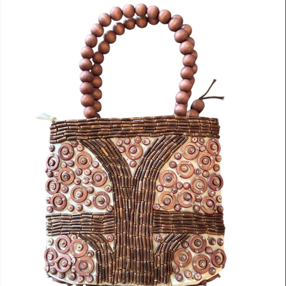 Pele Wood Beaded Handbag Boho Artisan Top Handle Vintage Statement Bag
